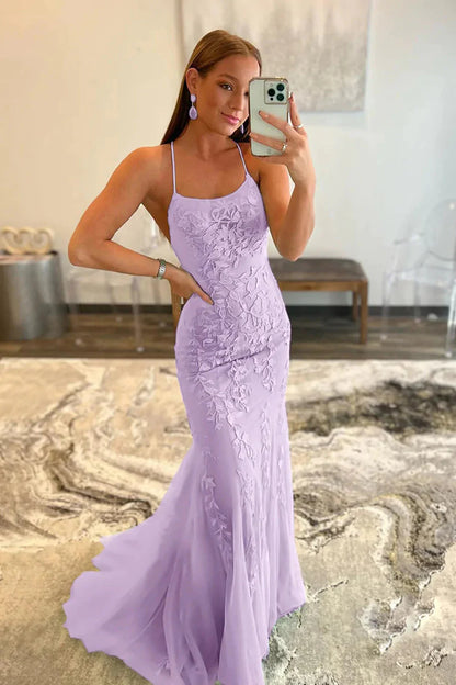 Light Blue Lace Appliqué Mermaid Prom Dress With Spaghetti Straps AD302