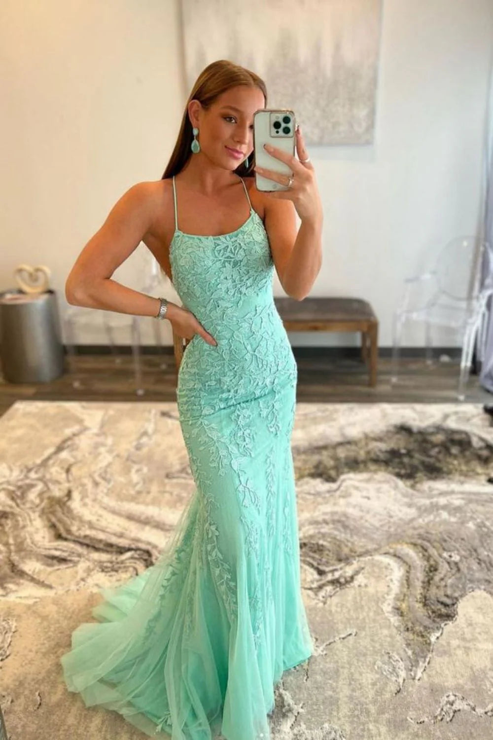 Light Blue Lace Appliqué Mermaid Prom Dress With Spaghetti Straps AD302