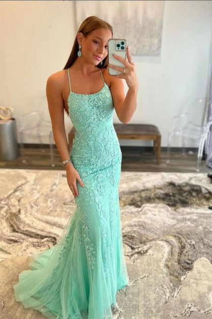 Light Blue Lace Appliqué Mermaid Prom Dress With Spaghetti Straps AD302