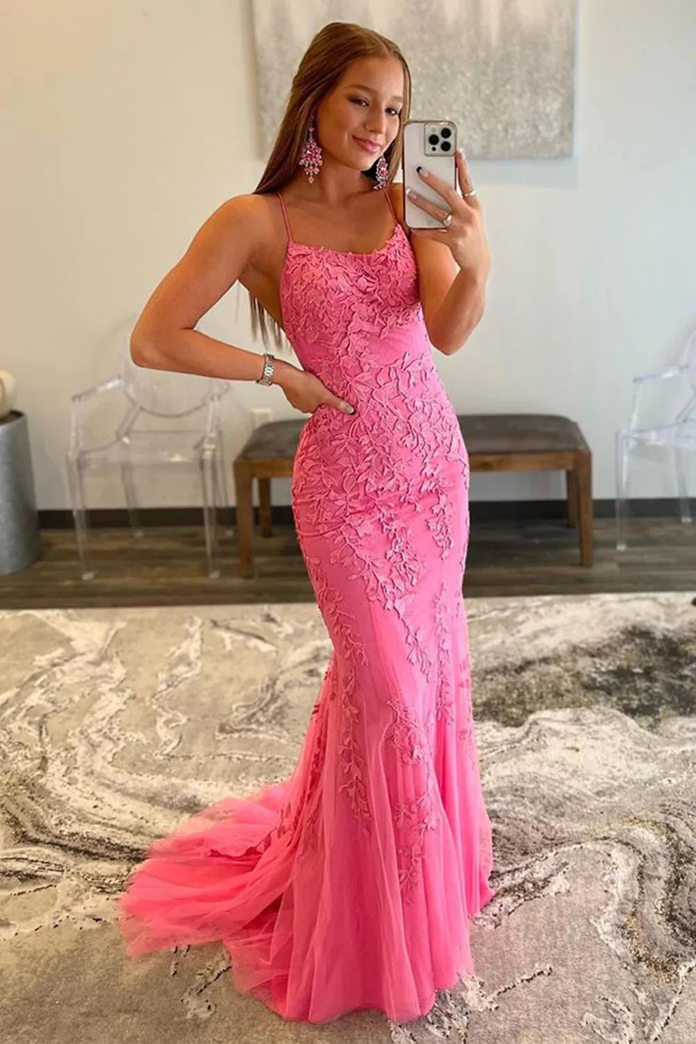 Light Blue Lace Appliqué Mermaid Prom Dress With Spaghetti Straps AD302