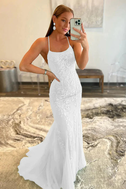 Light Blue Lace Appliqué Mermaid Prom Dress With Spaghetti Straps AD302