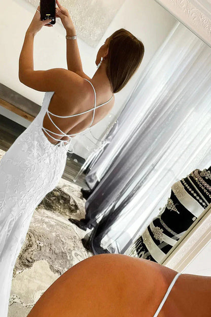 Light Blue Lace Appliqué Mermaid Prom Dress With Spaghetti Straps AD302