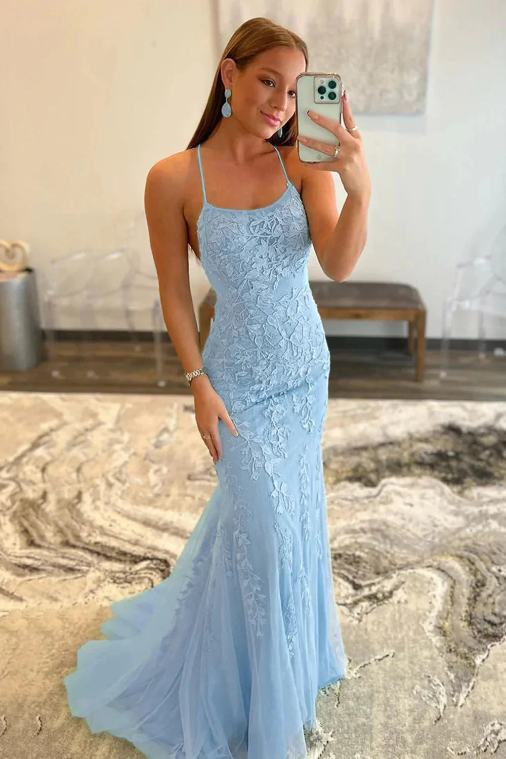 Light Blue Lace Appliqué Mermaid Prom Dress With Spaghetti Straps AD302