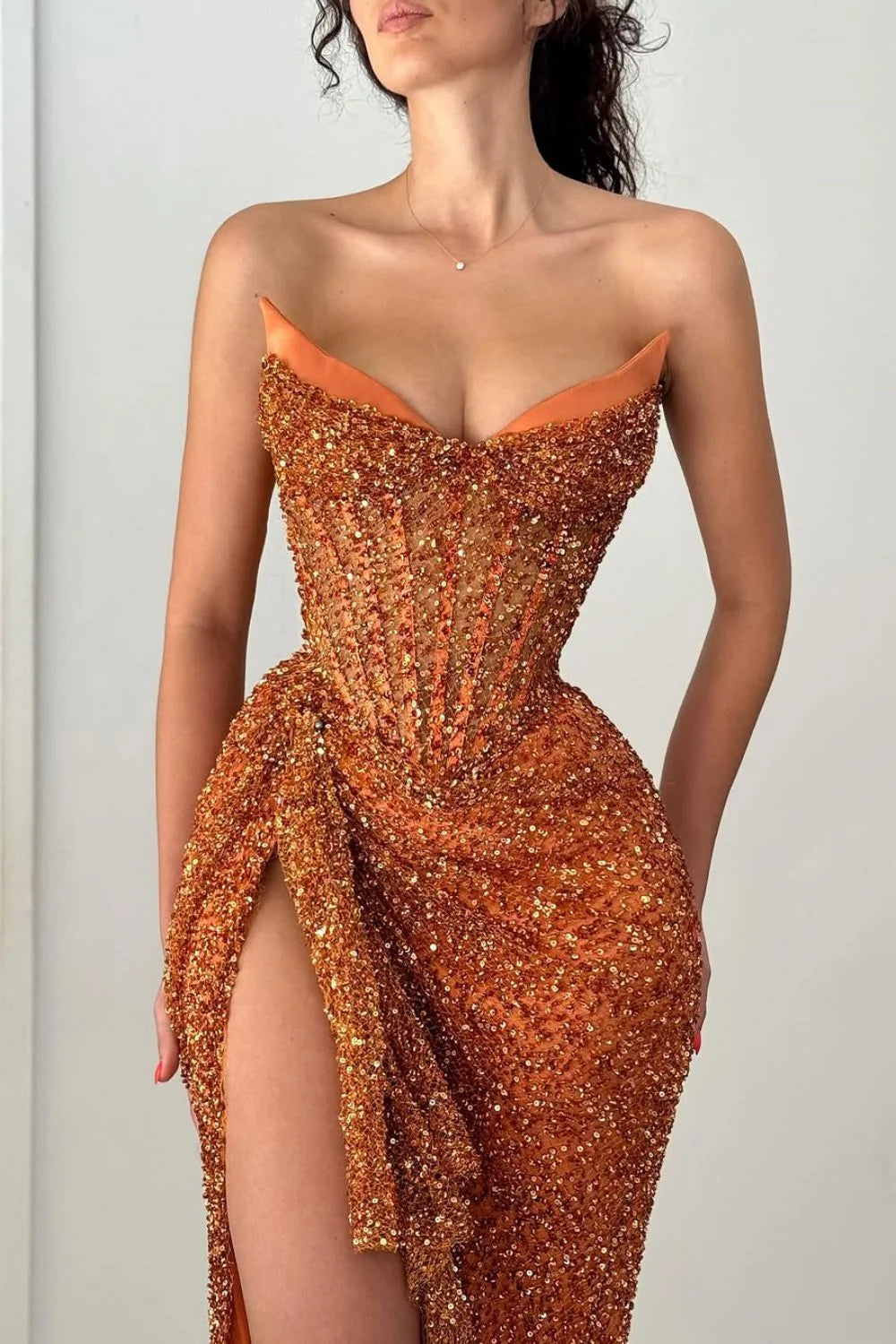 Sparkly Orange Strapless Sequin Prom Dress With Corset And Slit AD303