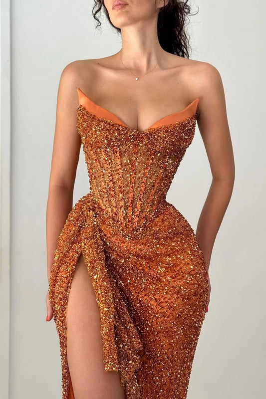 Sparkly Orange Strapless Sequin Prom Dress With Corset And Slit AD303