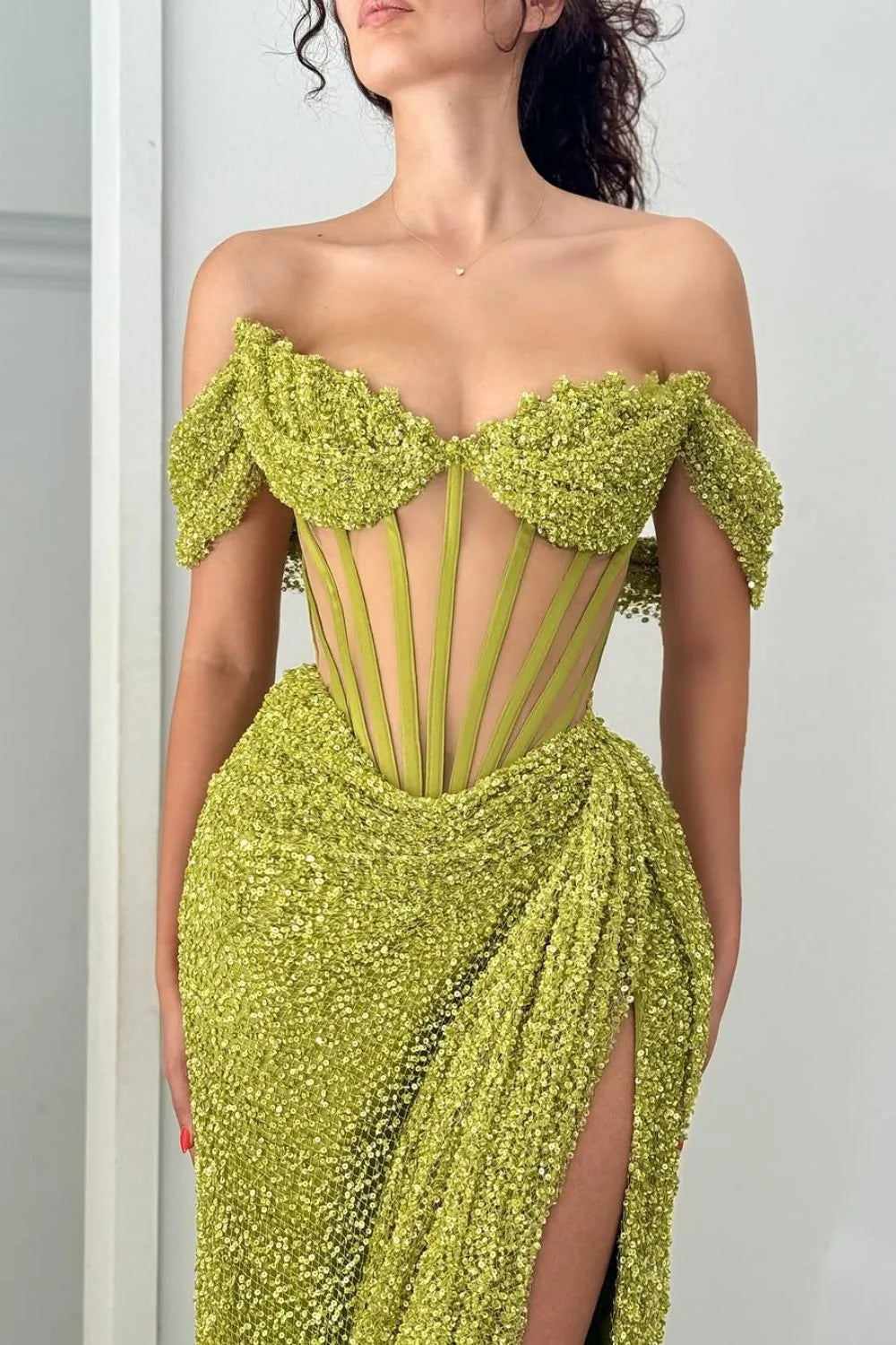 Sparkly Green Off Shoulder Corset Sequin Prom Dress With High Slit AD304