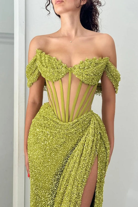 Sparkly Green Off Shoulder Corset Sequin Prom Dress With High Slit AD304
