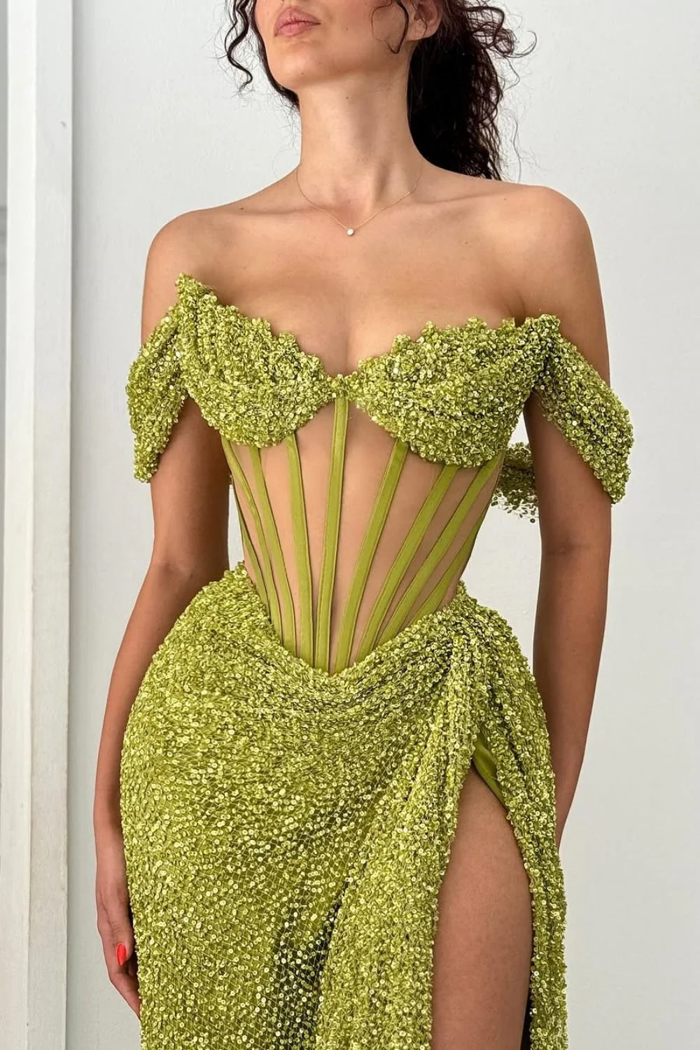 Sparkly Green Off Shoulder Corset Sequin Prom Dress With High Slit AD304