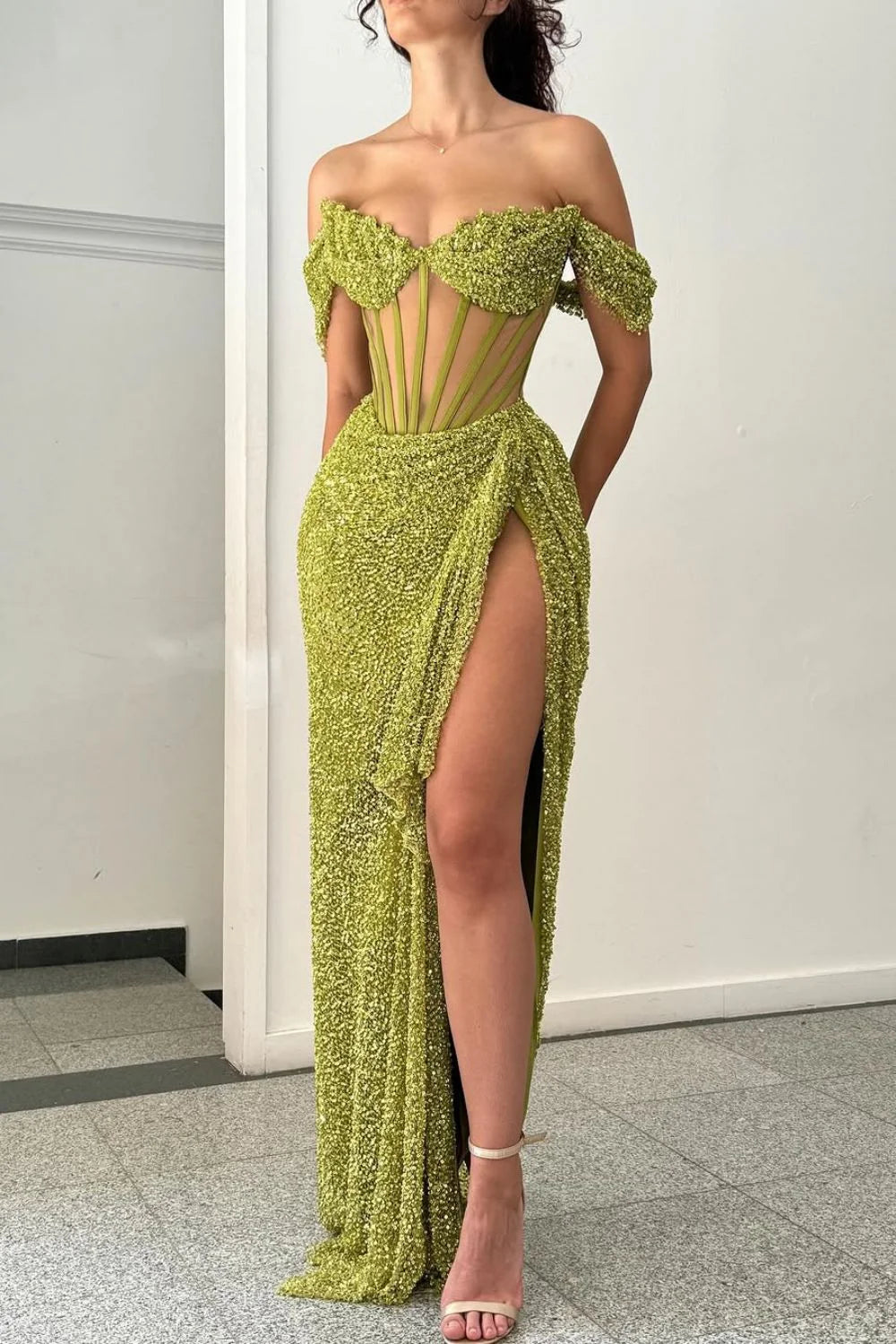 Sparkly Green Off Shoulder Corset Sequin Prom Dress With High Slit AD304