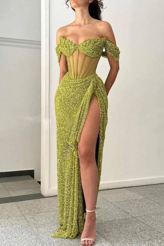 Sparkly Green Off Shoulder Corset Sequin Prom Dress With High Slit AD304
