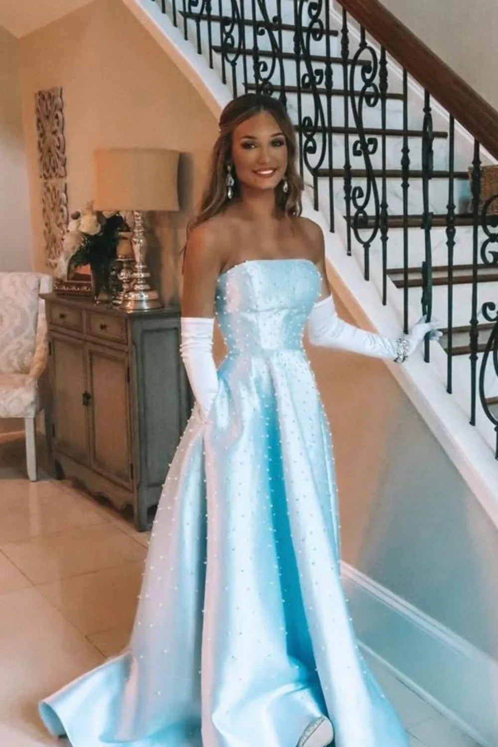 Light Blue A Line Strapless Satin Prom Ball Gown With Pearl Details AD305