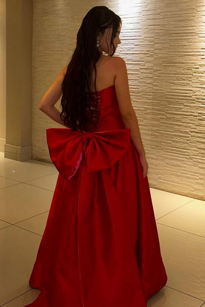 Elegant Red Strapless Ball Gown Prom Dress With Statement Bow Back AD306