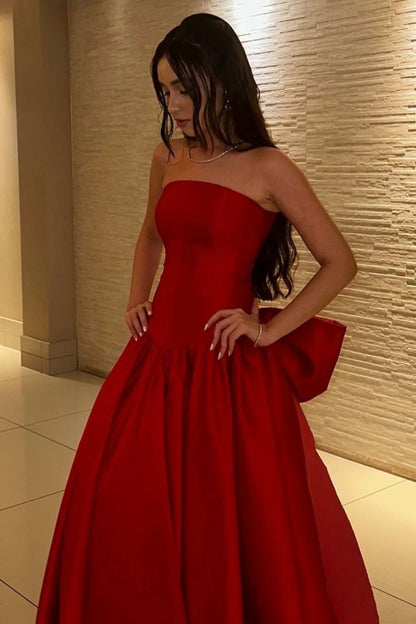 Elegant Red Strapless Ball Gown Prom Dress With Statement Bow Back AD306