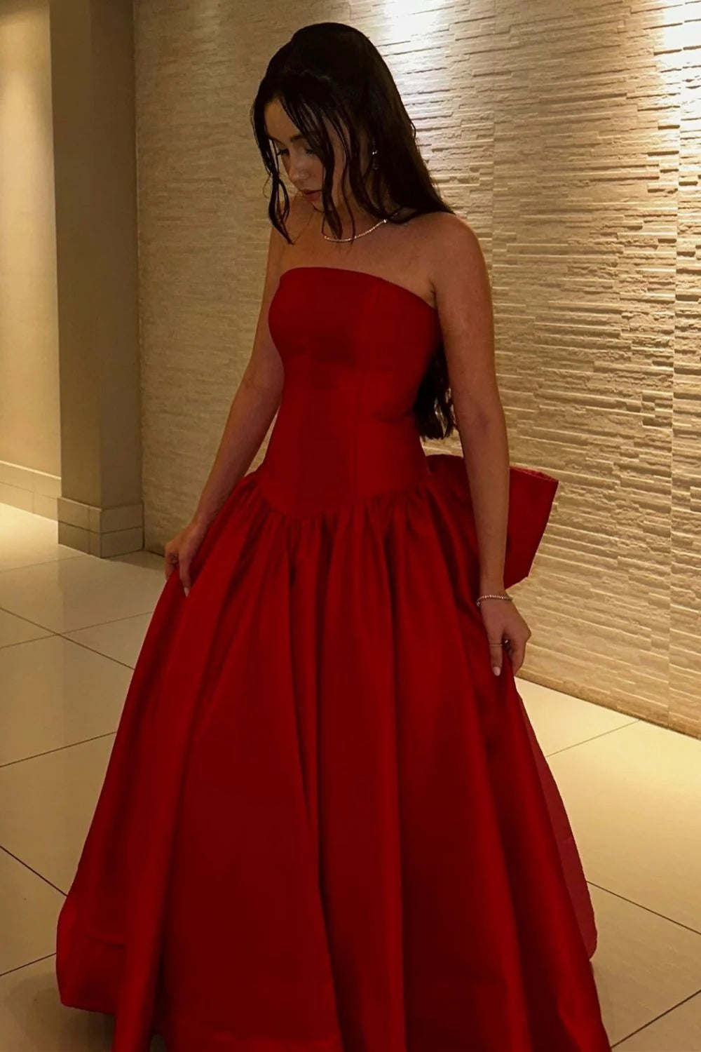Elegant Red Strapless Ball Gown Prom Dress With Statement Bow Back AD306
