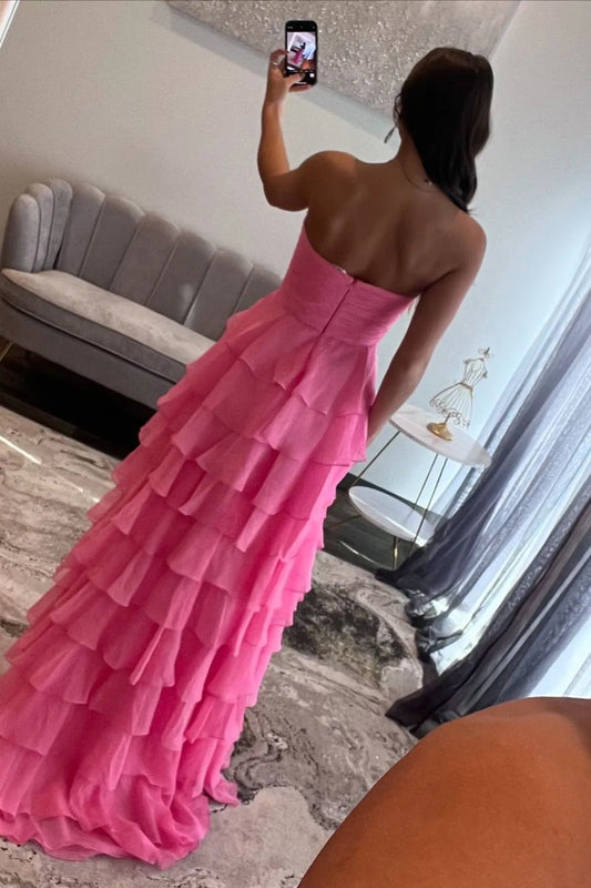 Pink Sweetheart Ruffle Tiered A-Line Prom Dress With Front Bow AD307