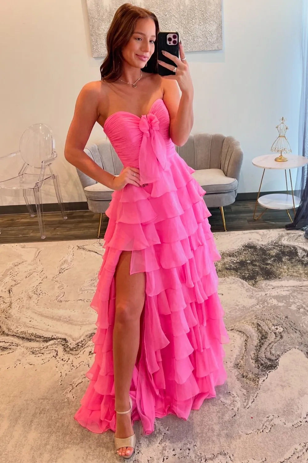 Pink Sweetheart Ruffle Tiered A-Line Prom Dress With Front Bow AD307
