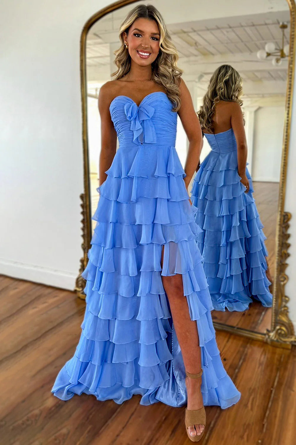 Pink Sweetheart Ruffle Tiered A-Line Prom Dress With Front Bow AD307