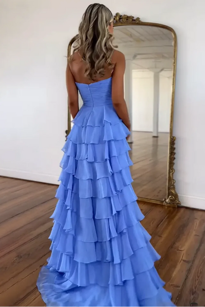 Pink Sweetheart Ruffle Tiered A-Line Prom Dress With Front Bow AD307