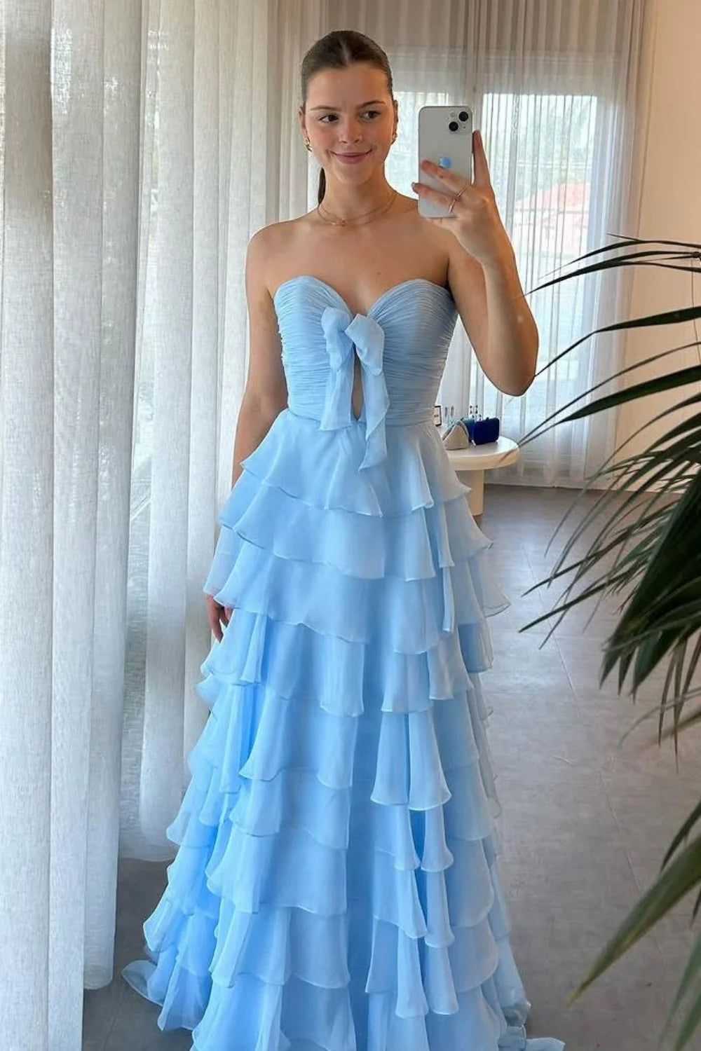 Pink Sweetheart Ruffle Tiered A-Line Prom Dress With Front Bow AD307