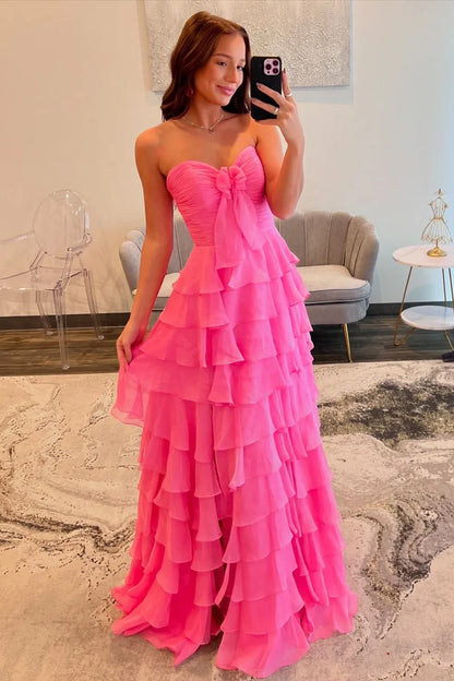 Pink Sweetheart Ruffle Tiered A-Line Prom Dress With Front Bow AD307