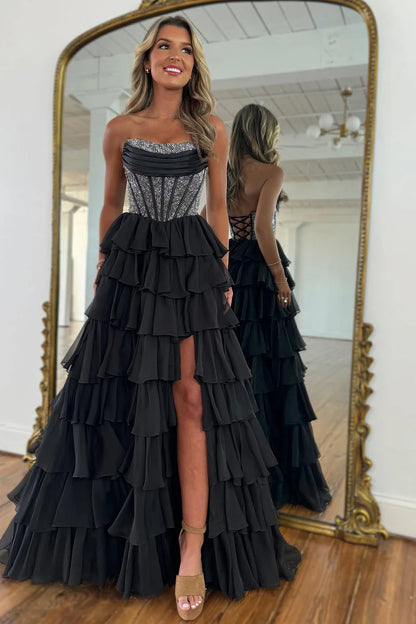 Yellow Strapless Corset A-Line Prom Dress With Layered Ruffle Skirt And Slit AD308