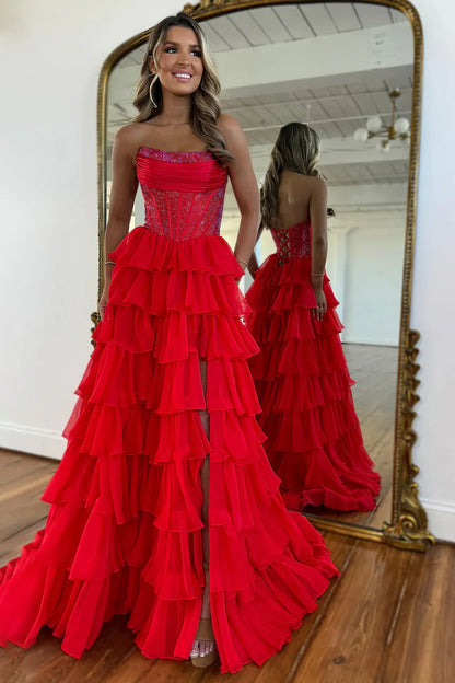 Yellow Strapless Corset A-Line Prom Dress With Layered Ruffle Skirt And Slit AD308