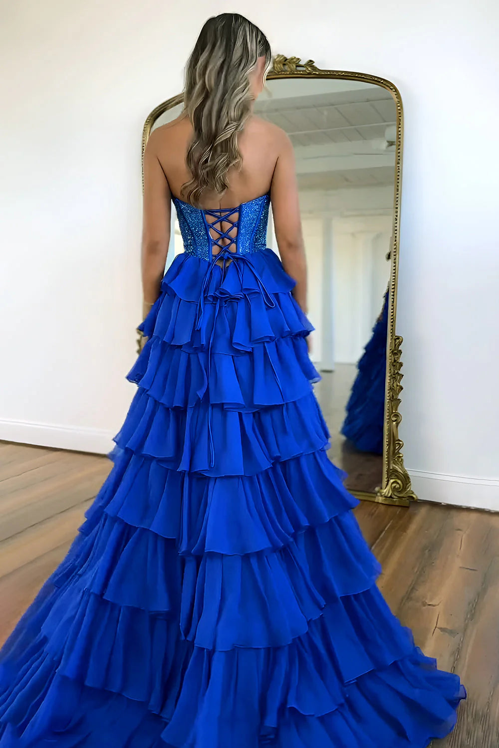 Yellow Strapless Corset A-Line Prom Dress With Layered Ruffle Skirt And Slit AD308