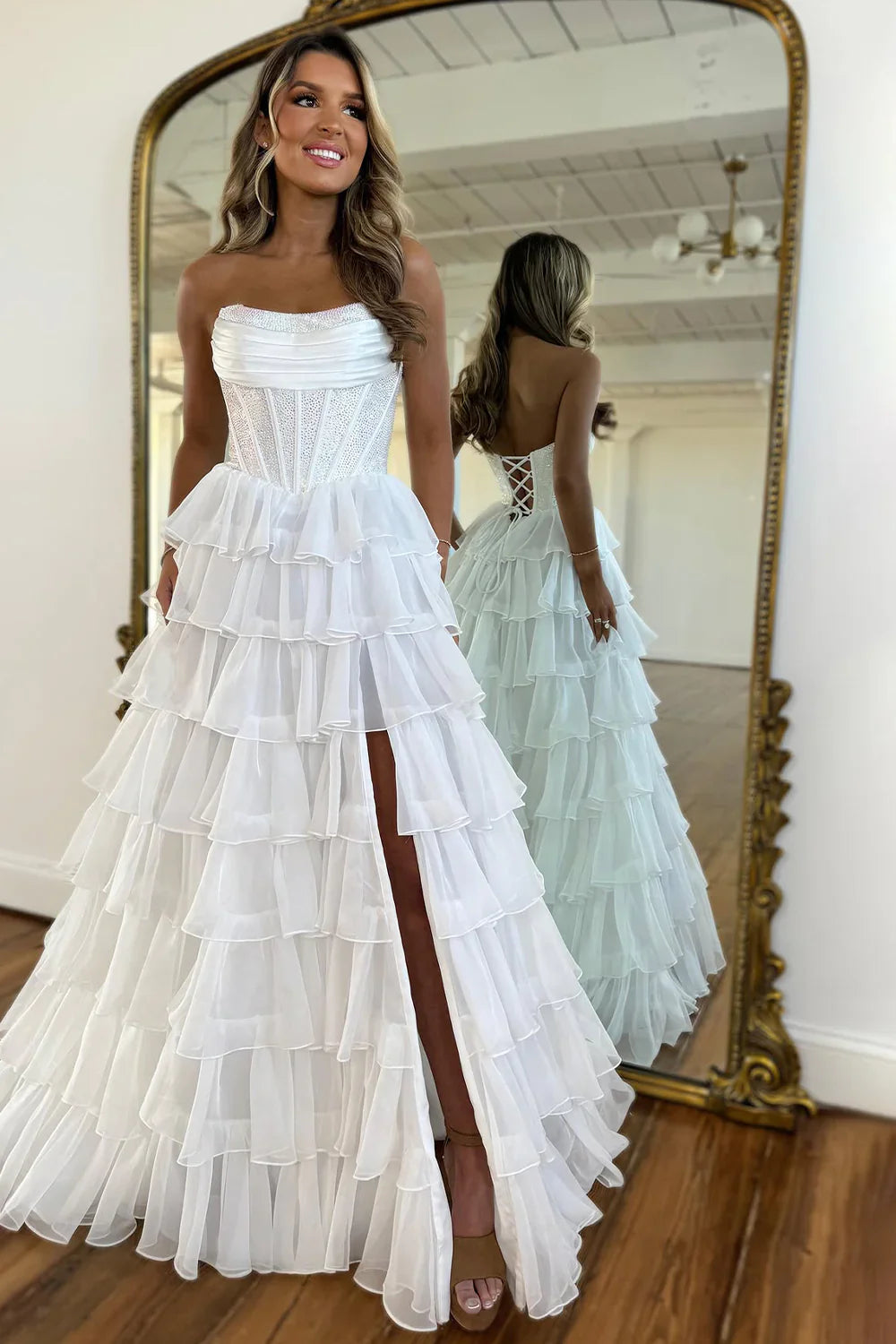Yellow Strapless Corset A-Line Prom Dress With Layered Ruffle Skirt And Slit AD308