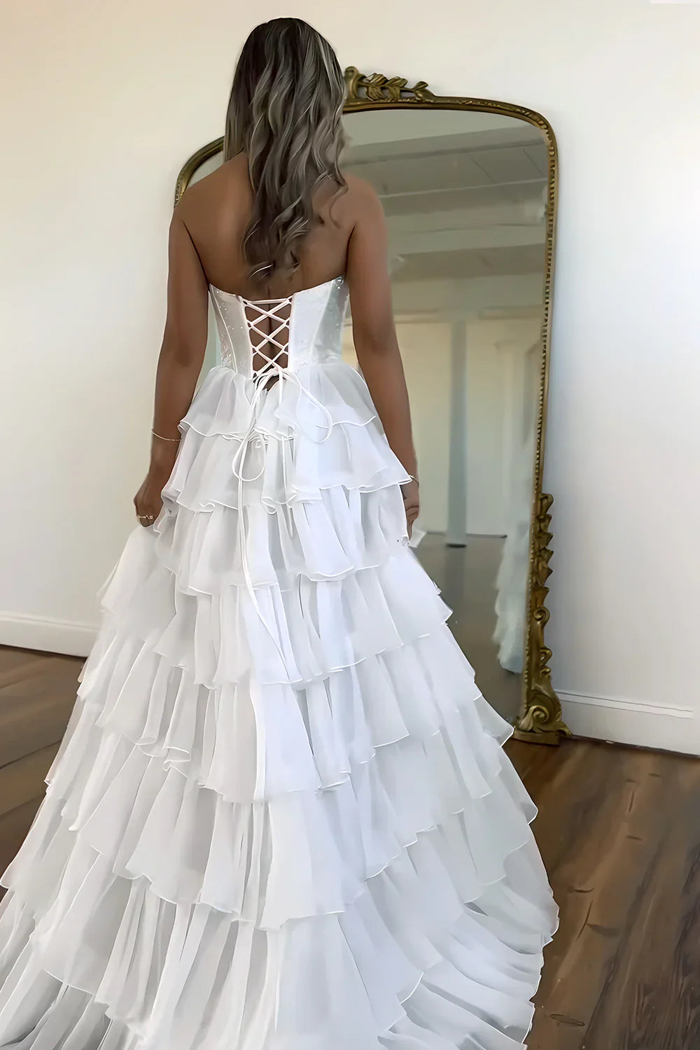 Yellow Strapless Corset A-Line Prom Dress With Layered Ruffle Skirt And Slit AD308