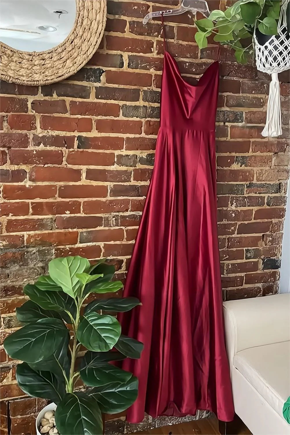 Burgundy A-Line Satin Prom Dress With Spaghetti Straps And Slit AD309