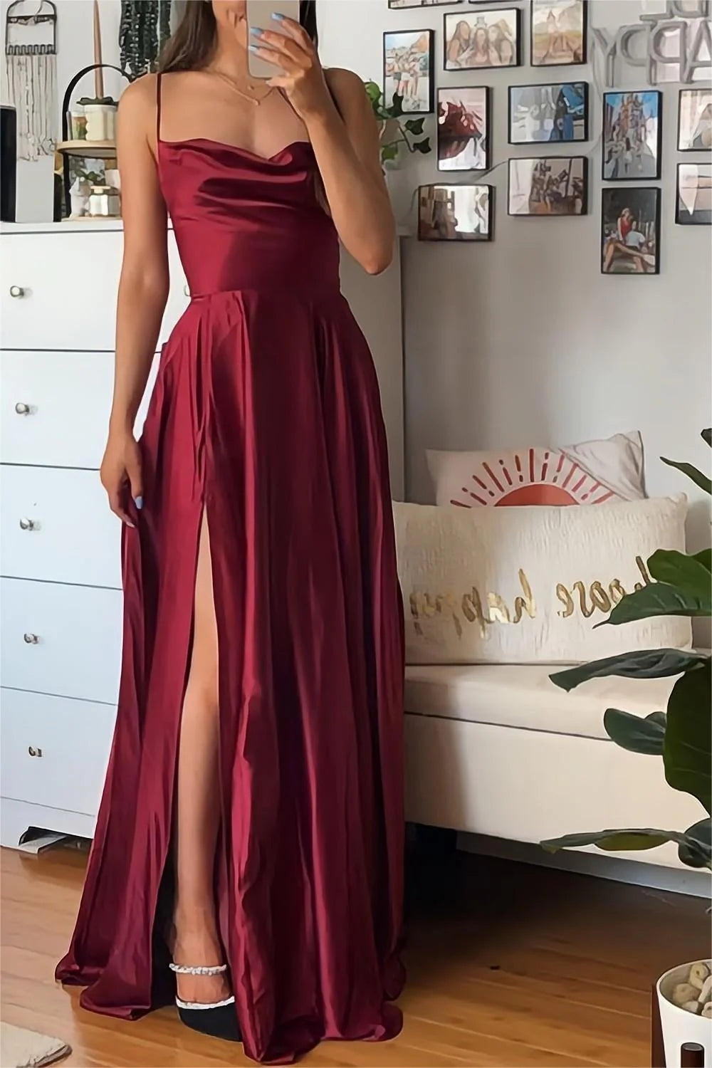 Burgundy A-Line Satin Prom Dress With Spaghetti Straps And Slit AD309