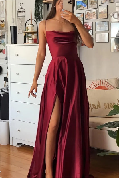 Burgundy A-Line Satin Prom Dress With Spaghetti Straps And Slit AD309