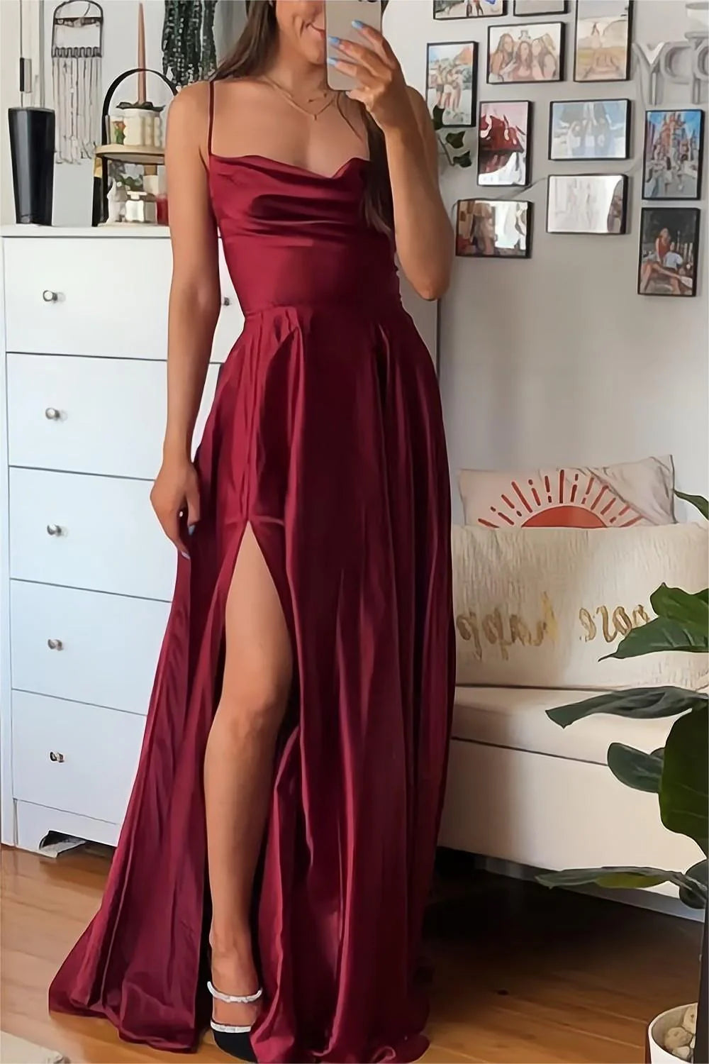 Burgundy A-Line Satin Prom Dress With Spaghetti Straps And Slit AD309