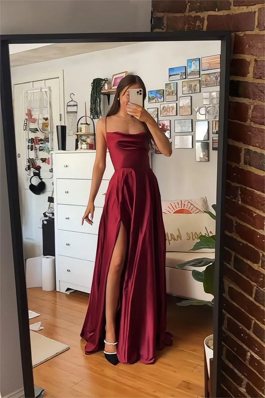 Burgundy A-Line Satin Prom Dress With Spaghetti Straps And Slit AD309