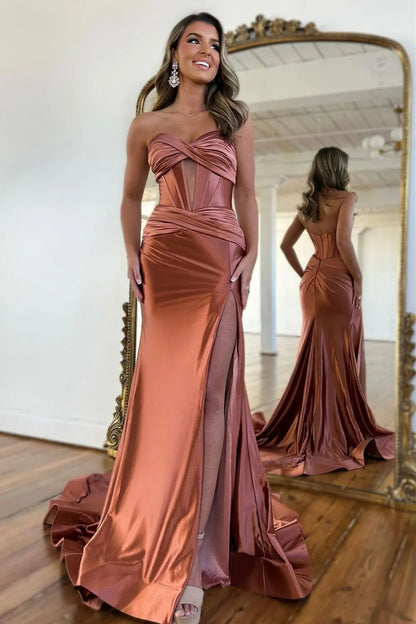 Sexy Red Sweetheart Corset Satin Mermaid Prom Dress With High Slit AD310