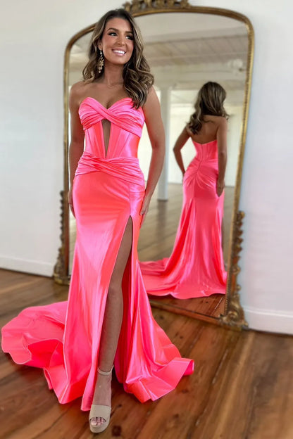 Sexy Red Sweetheart Corset Satin Mermaid Prom Dress With High Slit AD310