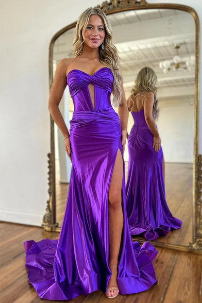 Sexy Red Sweetheart Corset Satin Mermaid Prom Dress With High Slit AD310