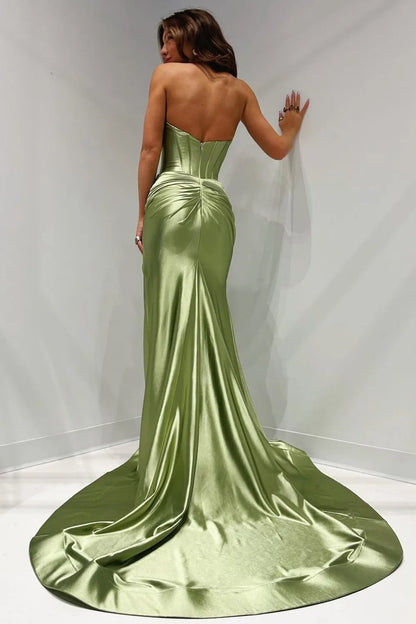 Sexy Red Sweetheart Corset Satin Mermaid Prom Dress With High Slit AD310