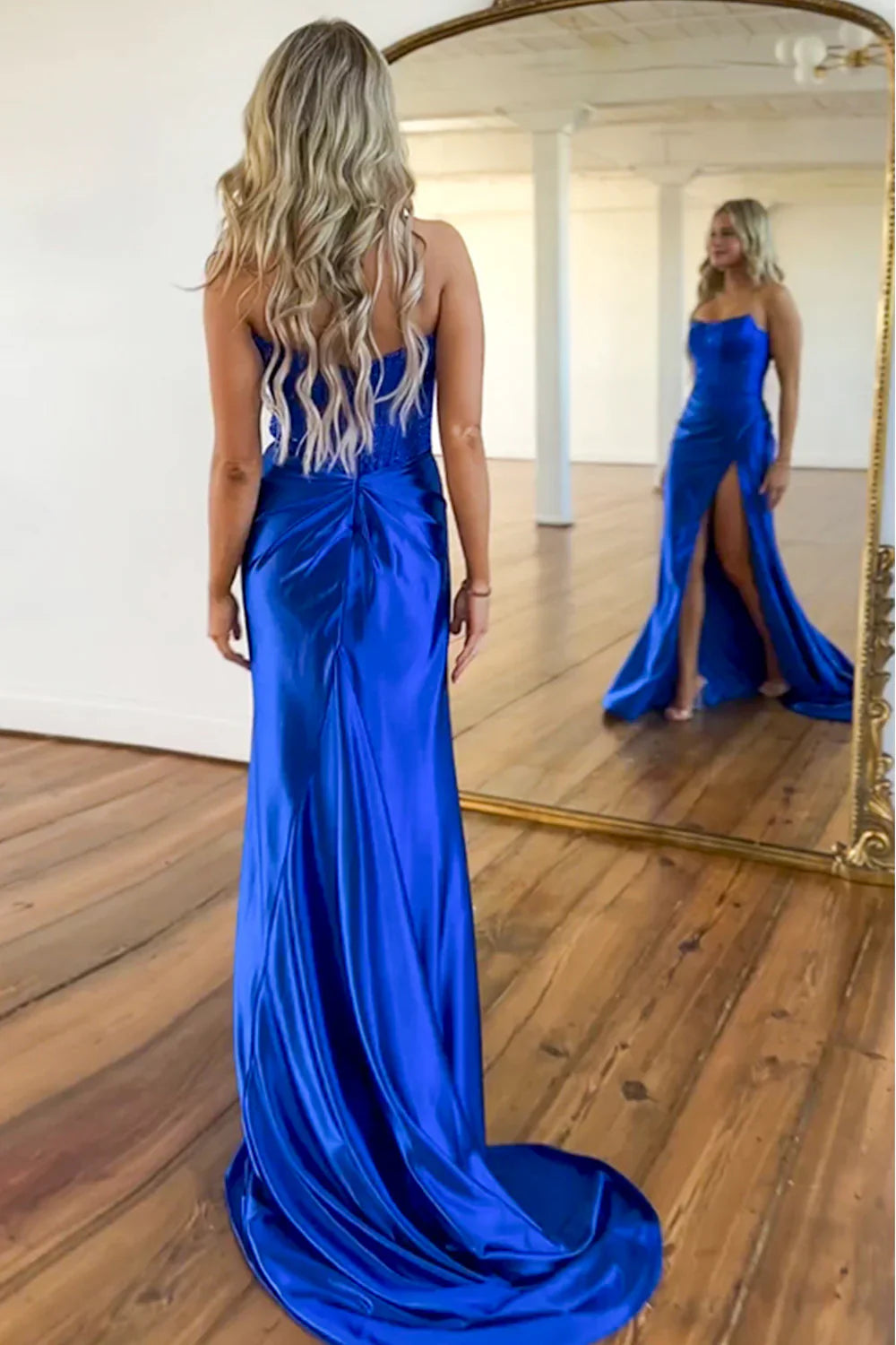 Chic Royal Blue Mermaid Strapless Beaded Top Long Satin Prom Dress AD312