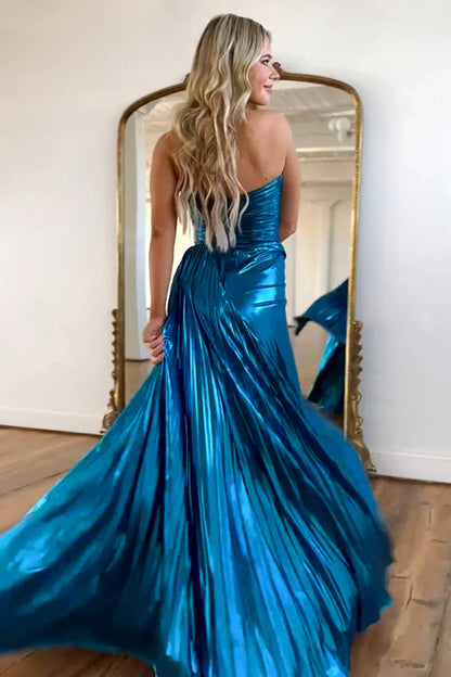 Peacock Blue Metallic A-Line Prom Dress With Sweetheart Neckline And Slit AD313