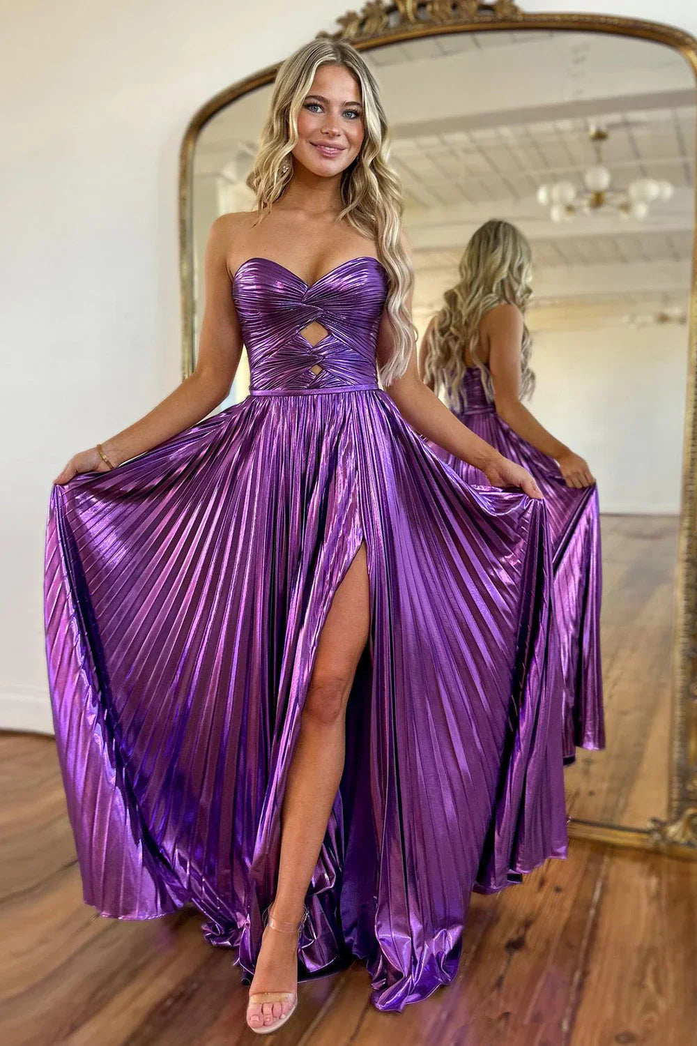 Peacock Blue Metallic A-Line Prom Dress With Sweetheart Neckline And Slit AD313