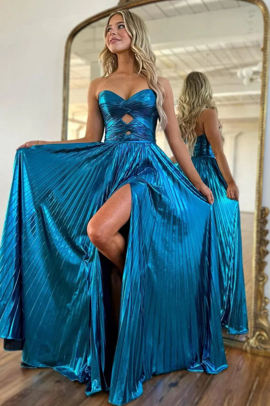Peacock Blue Metallic A-Line Prom Dress With Sweetheart Neckline And Slit AD313