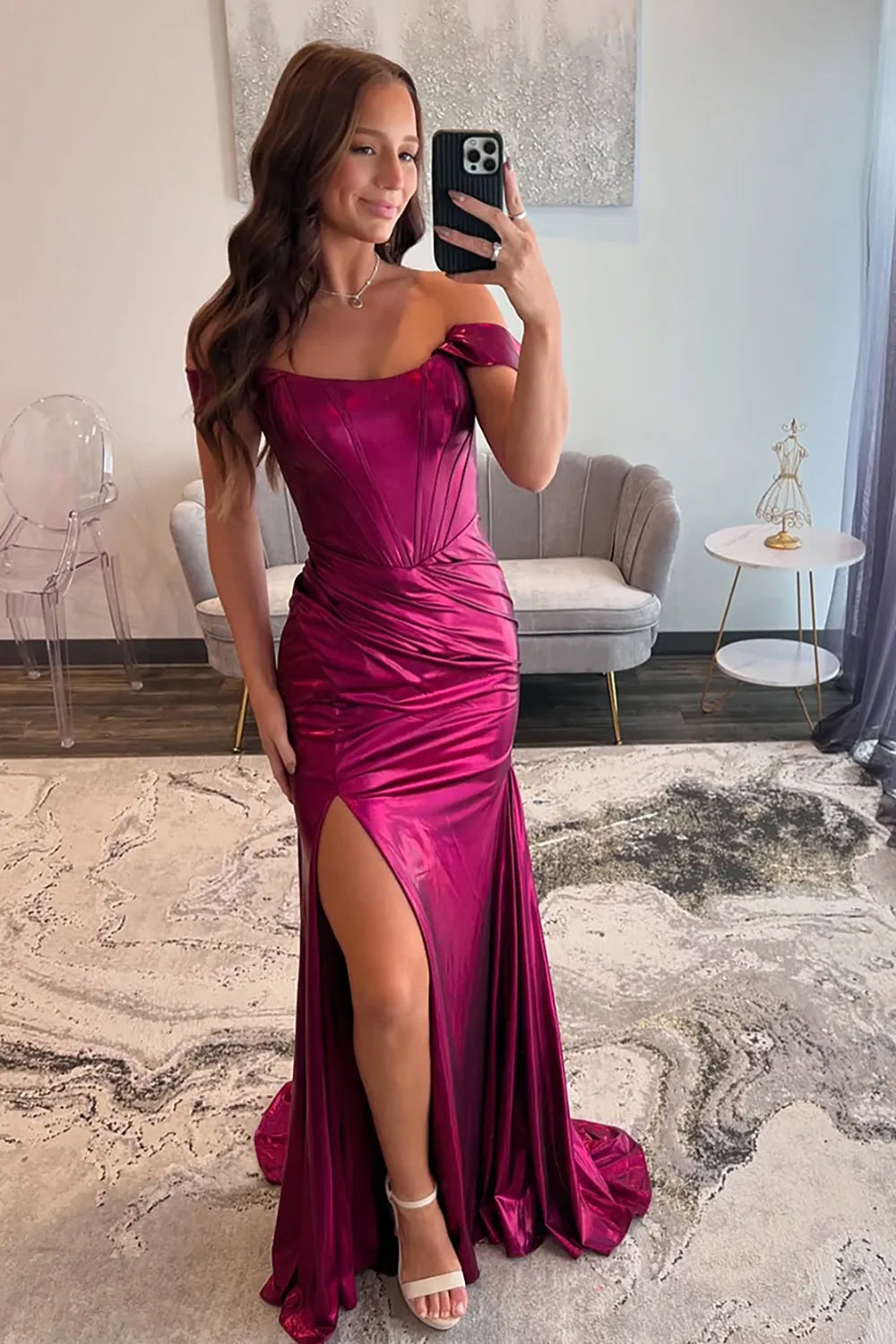 Mulberry Off-The-Shoulder Metallic Long Mermaid Prom Dress With Leg Slit AD314