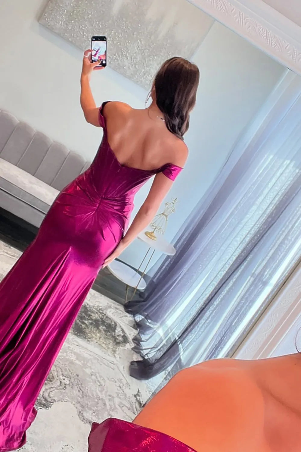 Mulberry Off-The-Shoulder Metallic Long Mermaid Prom Dress With Leg Slit AD314