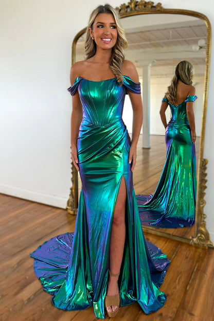 Mulberry Off-The-Shoulder Metallic Long Mermaid Prom Dress With Leg Slit AD314
