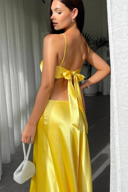 Mint Green Satin Cutout Prom Dress With Bow Bodice And Spaghetti Straps AD315