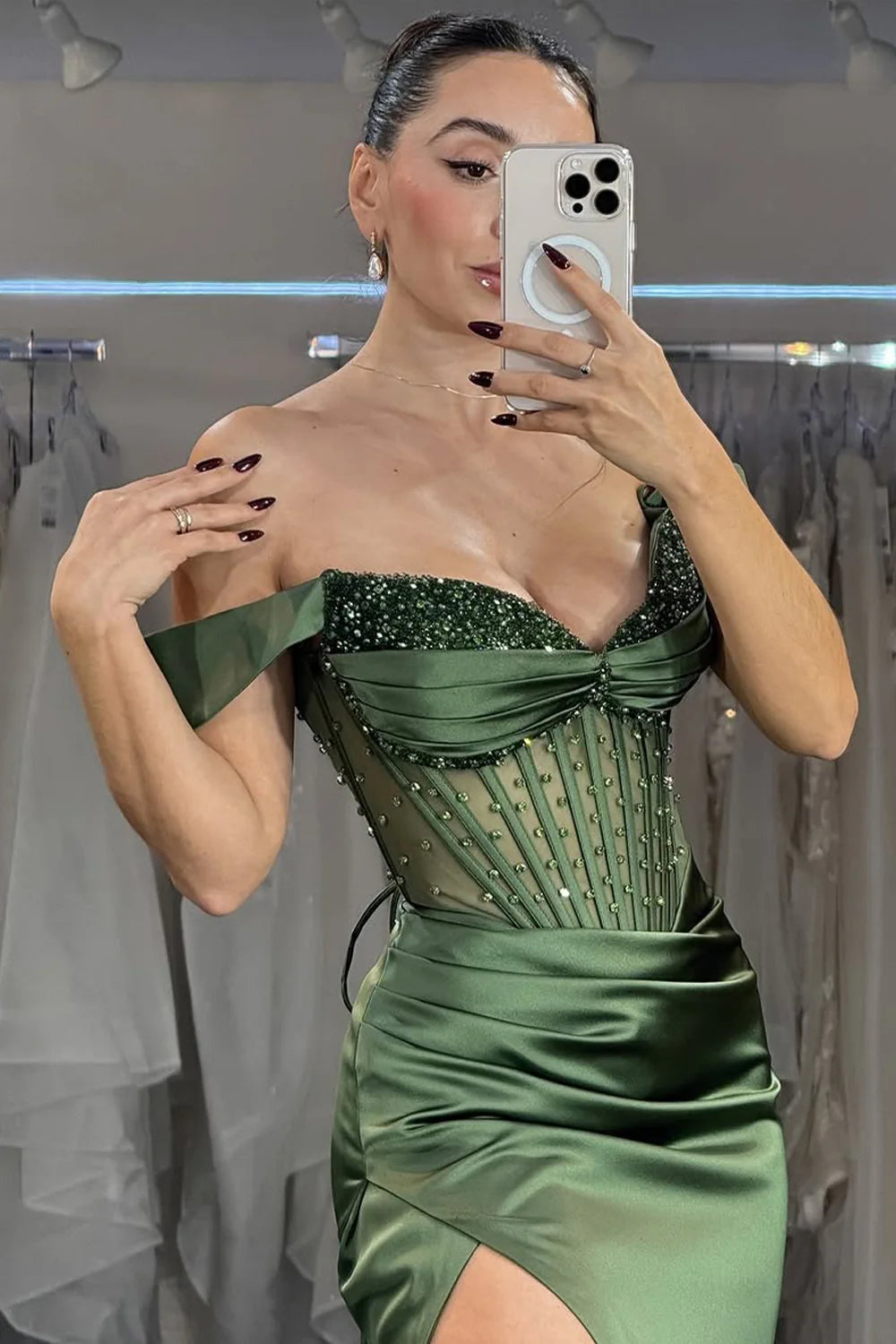 Emerald Off-Shoulder Beaded Corset Prom Dress With High Slit AD316