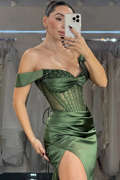 Emerald Off-Shoulder Beaded Corset Prom Dress With High Slit AD316