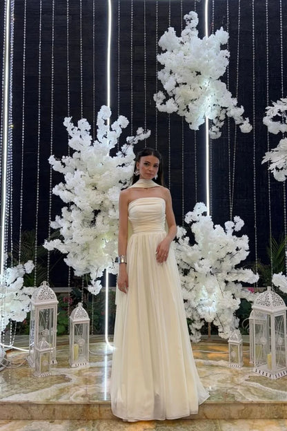 Elegant Strapless A-Line Chiffon Long Prom Dress With Scarf Detail AD317