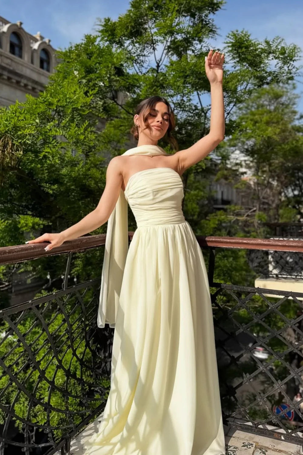 Elegant Strapless A-Line Chiffon Long Prom Dress With Scarf Detail AD317